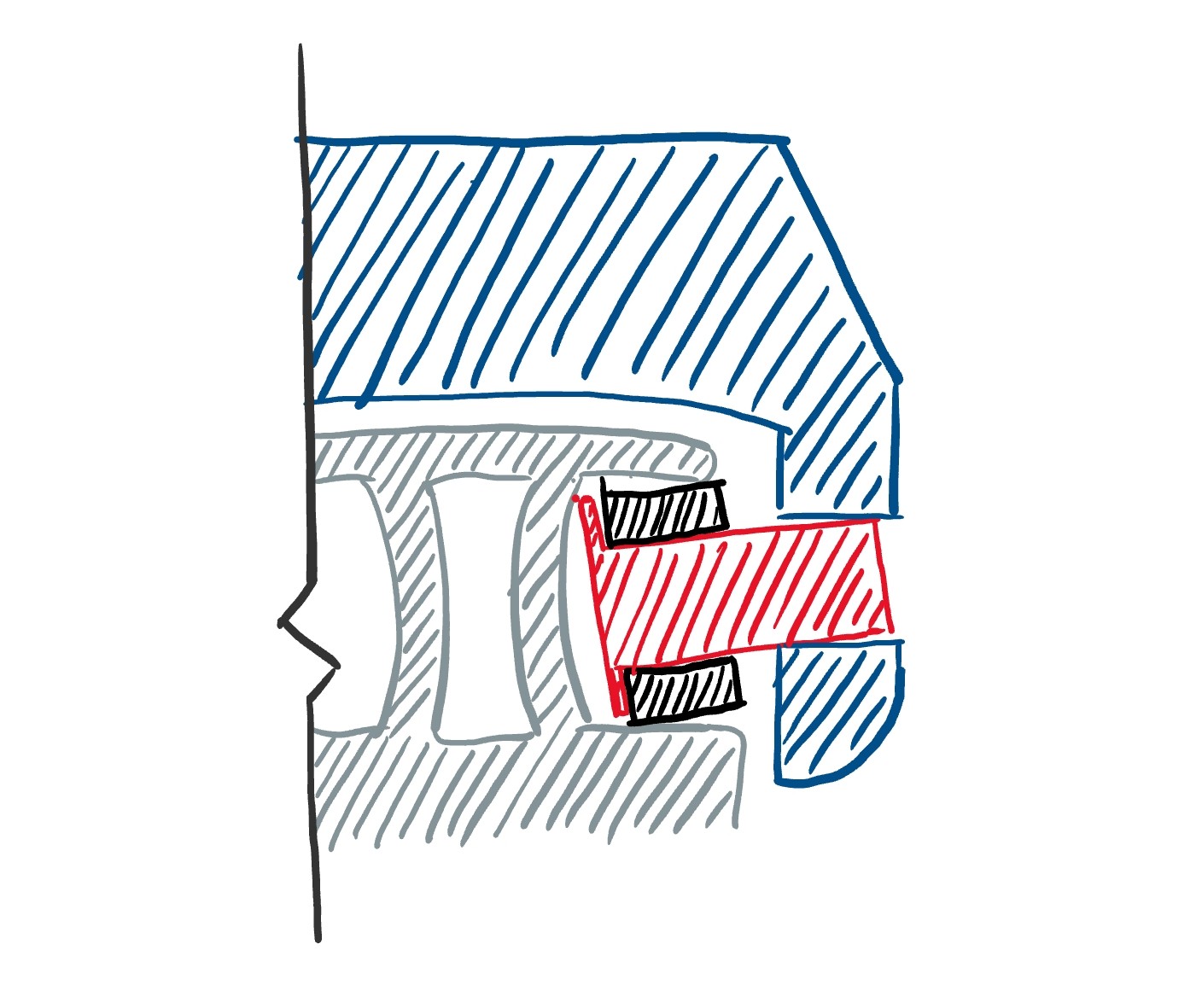 Sketch of the pins housing in the car, showing how they can scrape against the edge of the track by shifting out of their housing towards the track.