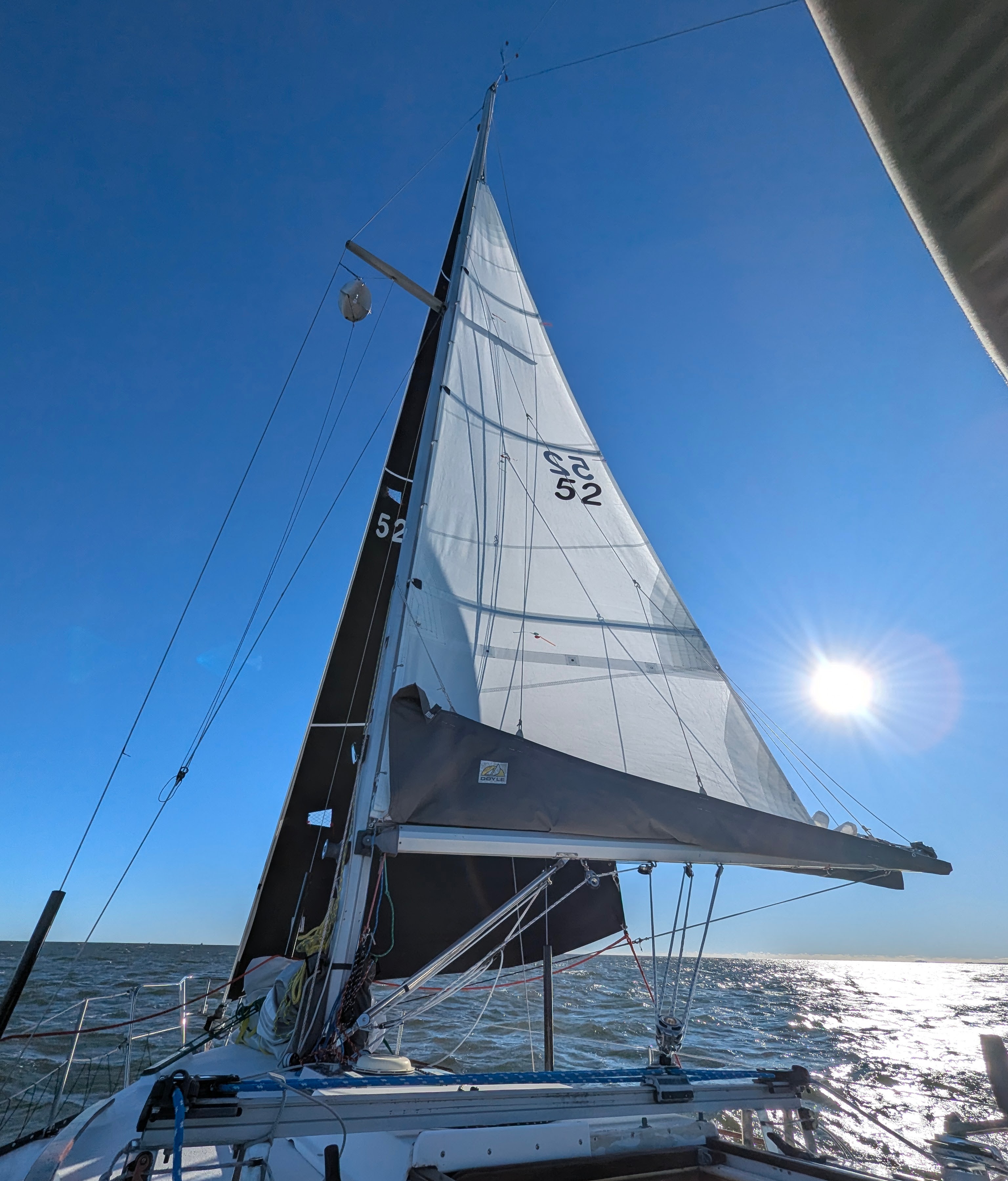 Two reefs set in the mainsail, running downwind.