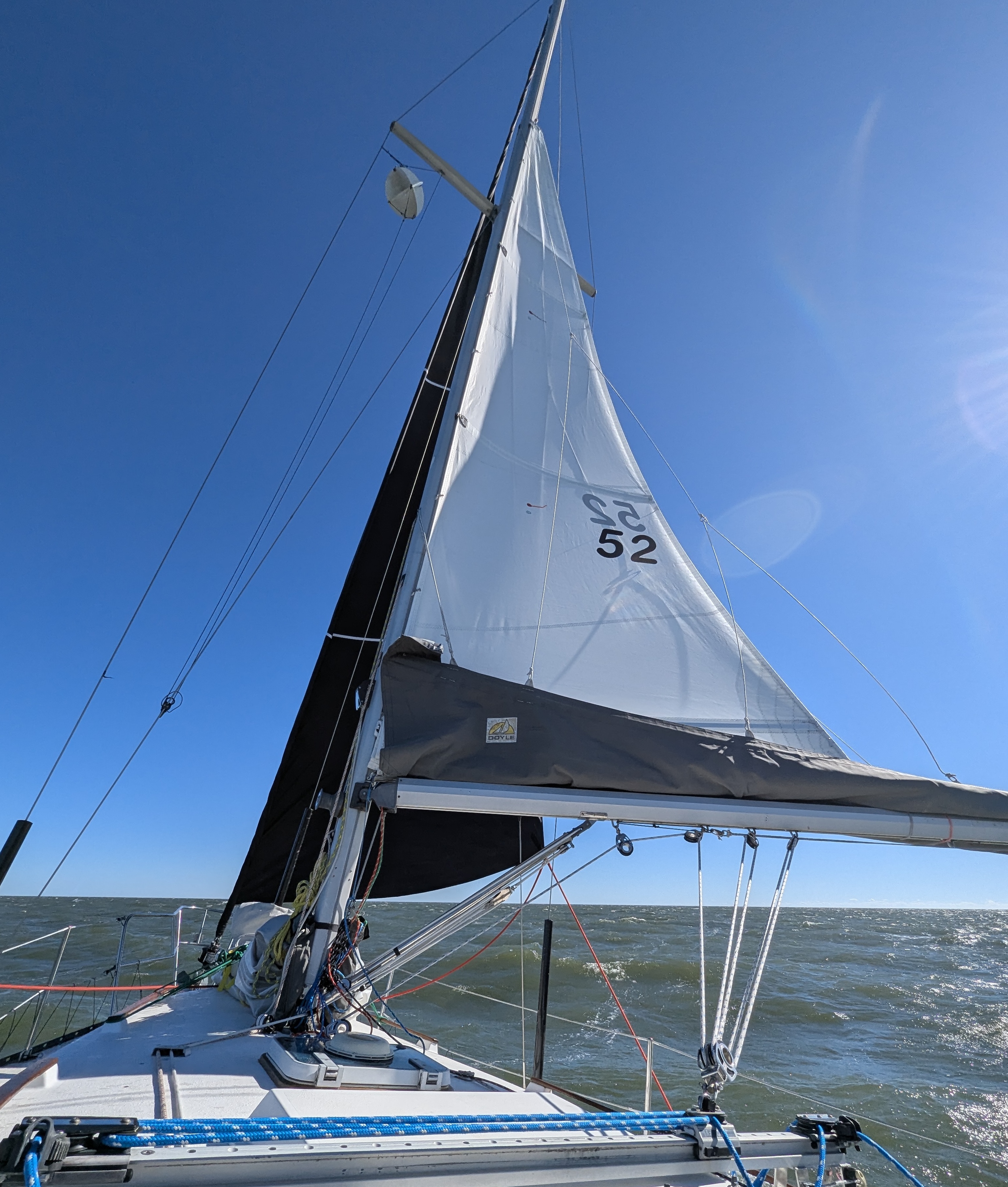 Sportier conditions with three reefs in the mainsail, still running downwind.